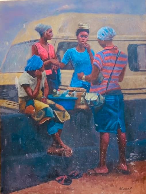 Street figures sharing a moment — Breaktime