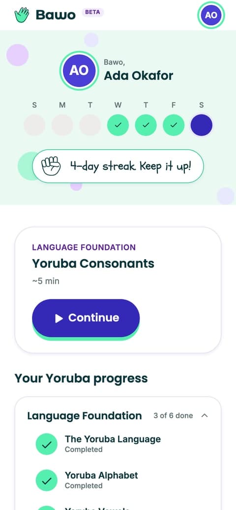 Bawo Africa dashboard: streak, the next lesson to continue, and progress through the module