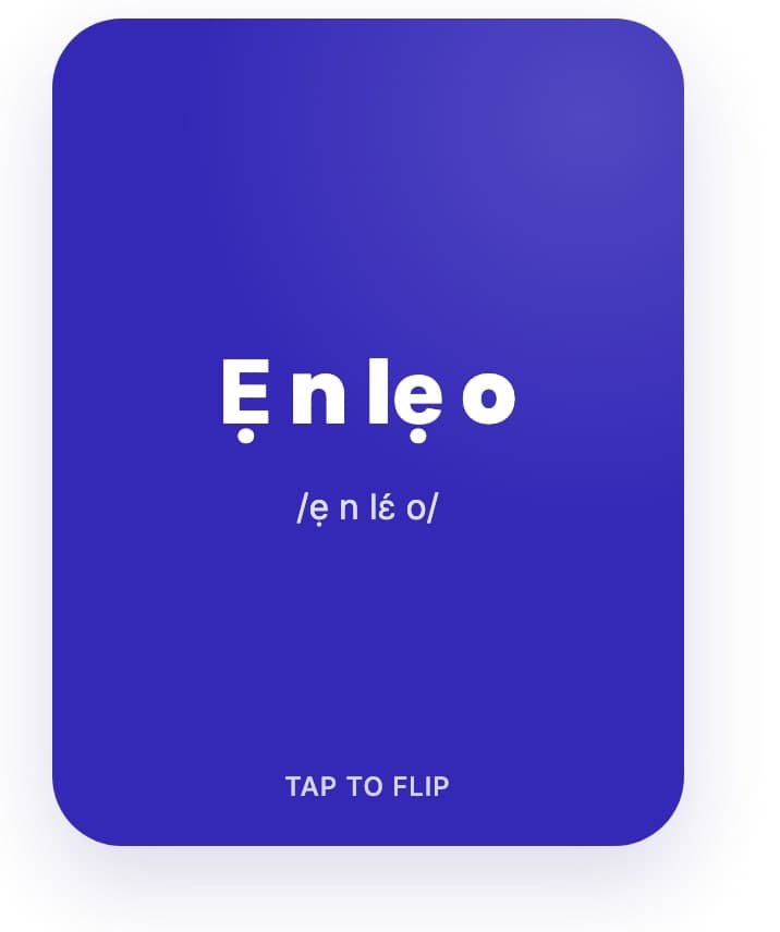 Bawo Africa flashcard showing a Yoruba word with its phonetic pronunciation