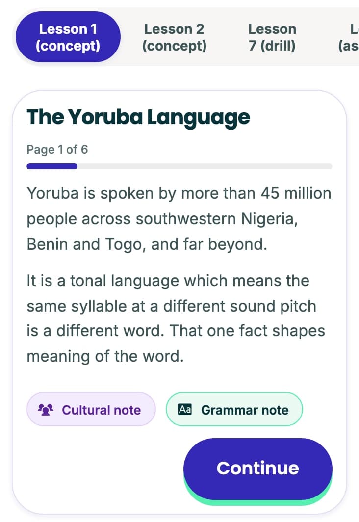 Bawo Africa lesson screen: a short reading with cultural and grammar notes behind chips