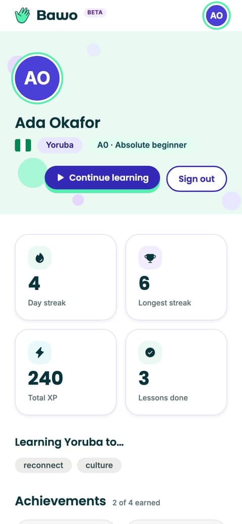 Bawo Africa profile: streak, longest streak, total XP and lessons done, plus goals and achievements